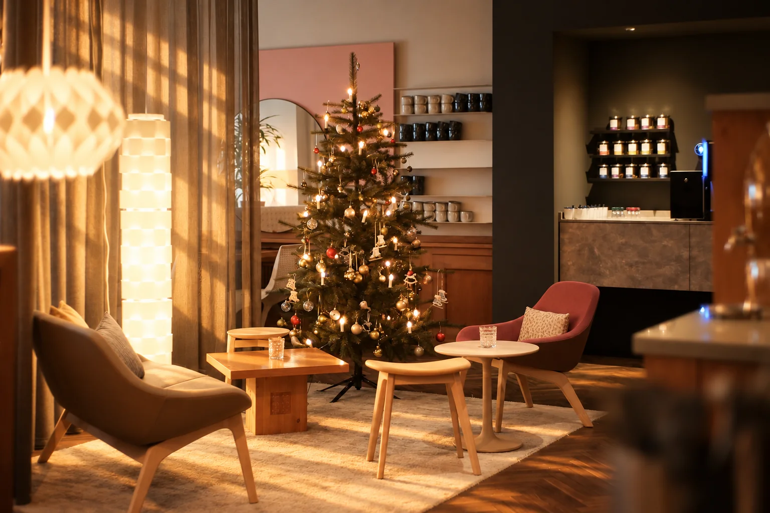 Christmas tree and cosy seating in the Townhouse lounge